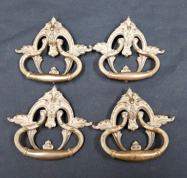 Architectural Salvage Ornate Scroll & Leaf Brass Drawer Pull Handles Set of 4