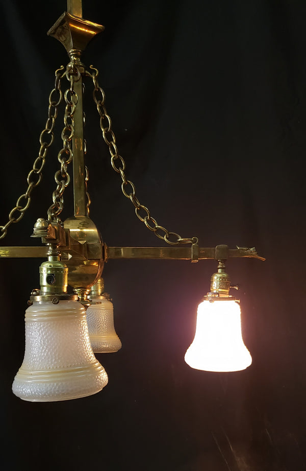 1900's 4 Light Brass Chandelier w/ Brass Chain Accents & Shades 24"x 44" GS00976