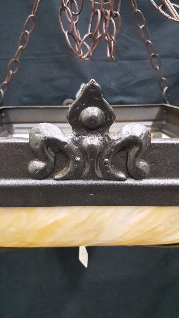 Large Square Wrought Iron and Stained Glass 4 Light Ceiling Fixture Chandelier
