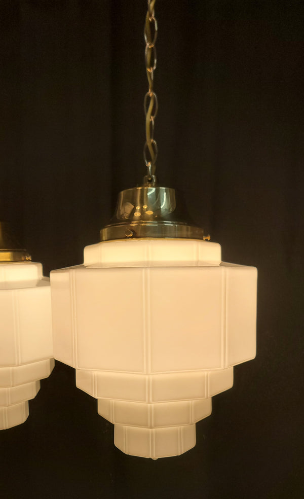 Restored Pair of Art Deco Glass Pendant Light Fixtures w/ Chain & Cap GS01008