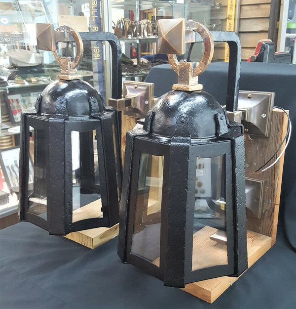 Restored Cast Iron Lantern Sconces w/ Wavy Glass 17 1/2" x 10 1/2" GA704