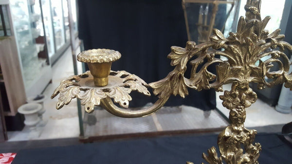 Antique Ornate Solid Brass Candelabra with Floral Bouquet Design on Marble Base