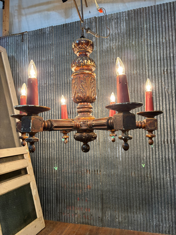 1800s Early Wooden Chandelier with Original Paint GA21168