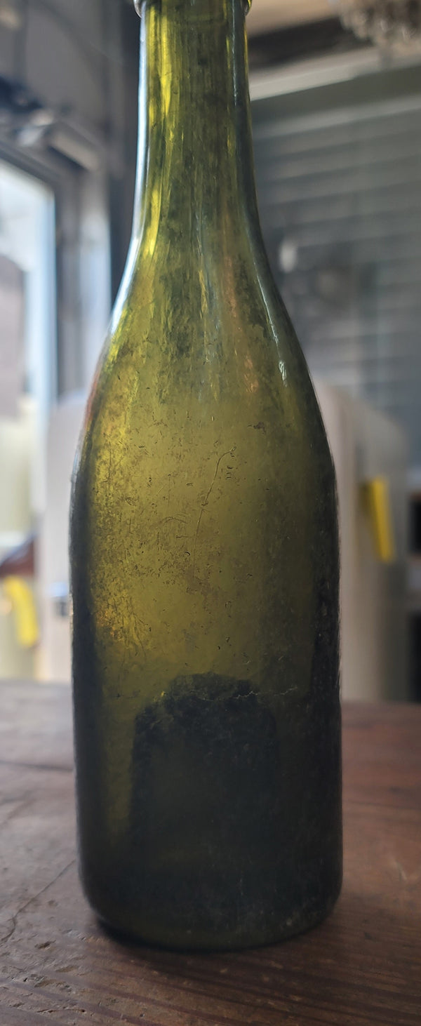 1840's Hand Blown Green Champagne Wine Bottle 10" x 2 3/4" GS00634