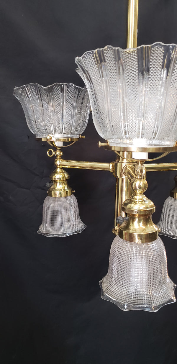 Restored 6 Light Chandelier w/ Fluted Holophane Shades 31 3/4" x 16" GS00920