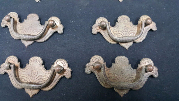 Architectural Salvage Brass Etched Floral Design Drawer Pull Handles Set of 9