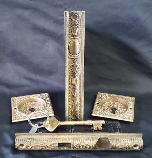 Restored 1870's Eastlake Victorian Pocket Door Lock Set w/ Key & More GS010925