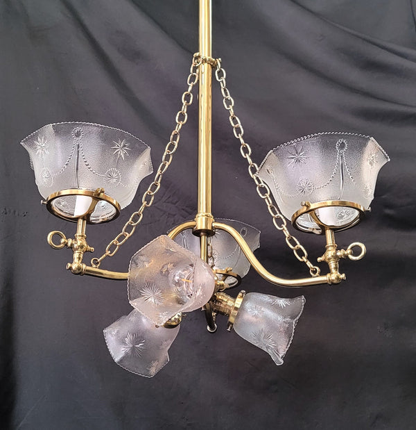 Restored Gas Converted 6 Light Brass Chandelier w/ Shades 31" T x 21" GS00948