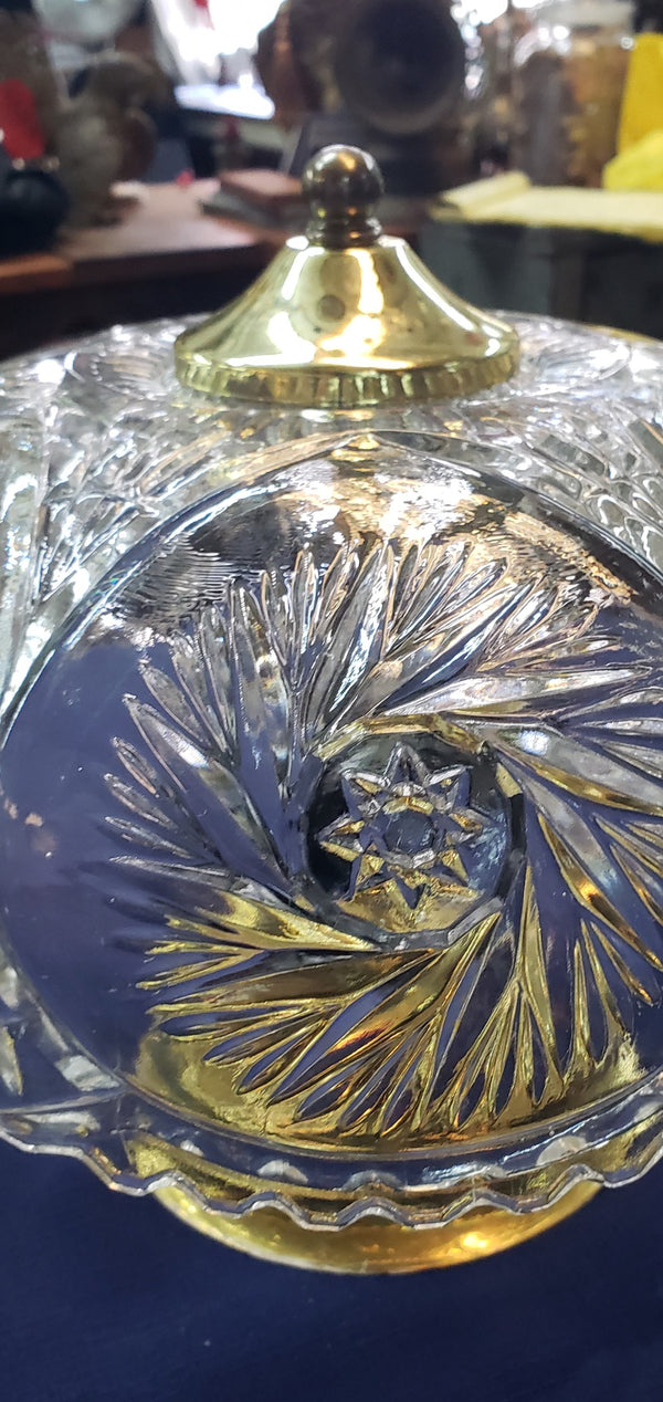 Vintage Crystal Clear Leaded Glass & Brass Flush Mount Ceiling Light 12" GS00831