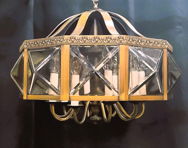 MCM Ten Light Chandelier w/ Faceted Beveled Glass Panels 20" x 17" GS00954