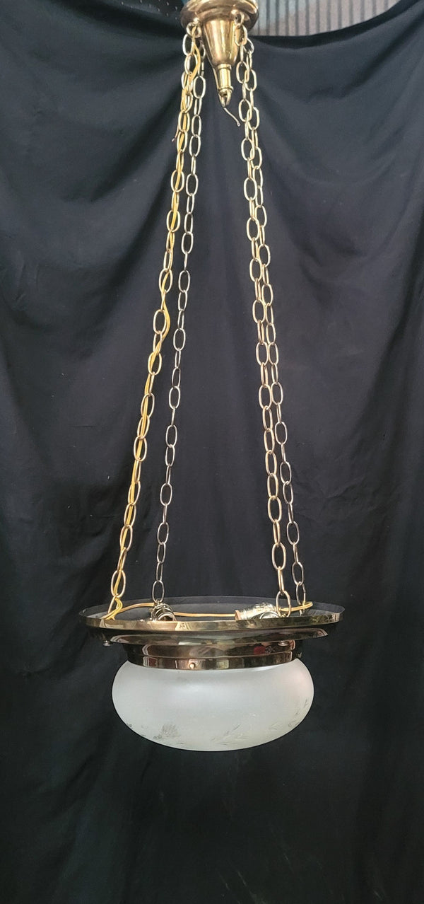 Restored Victorian Brass Pan Chandelier w/ Etched Glass Shade 16" x 45" GS00981