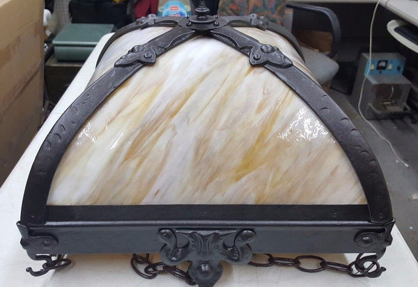 Large Square Wrought Iron and Stained Glass 4 Light Ceiling Fixture Chandelier