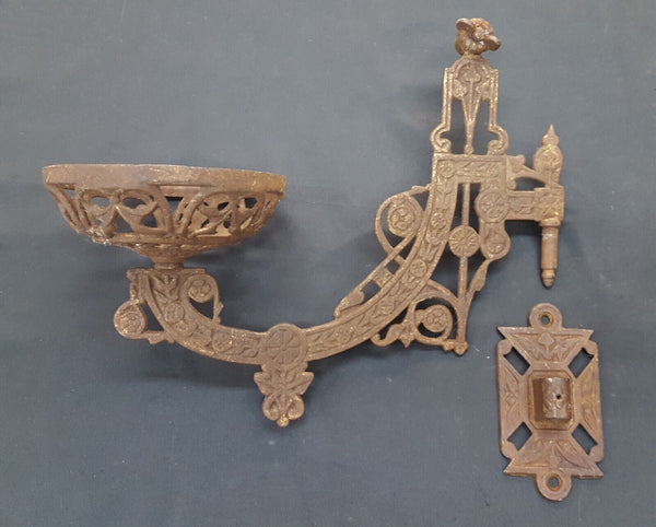 Ornate Floral Design Victorian Cast Iron Oil Lamp Sconce with Wall Bracket