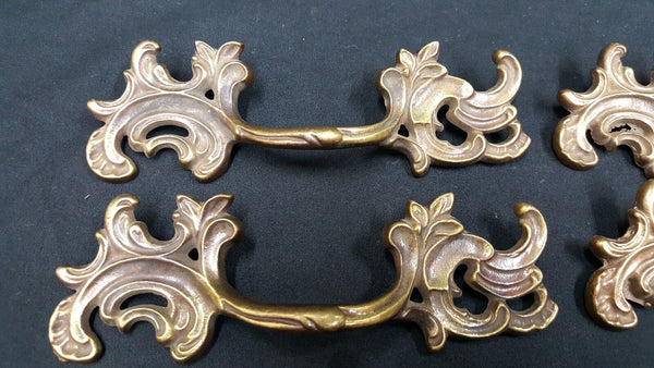Architectural Salvage Brass Leaf Design Wide Drawer Pull Handles Set of 5