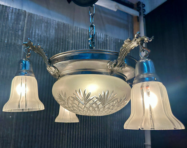 Restored Art Deco Chrome Plate 5-Light Pan Chandelier GA21012