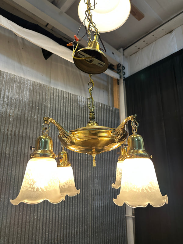 Restored Antique Brass Pan 4-Arm Chandelier GA21007