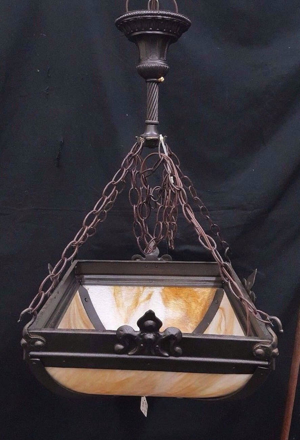 Large Square Wrought Iron and Stained Glass 4 Light Ceiling Fixture Chandelier