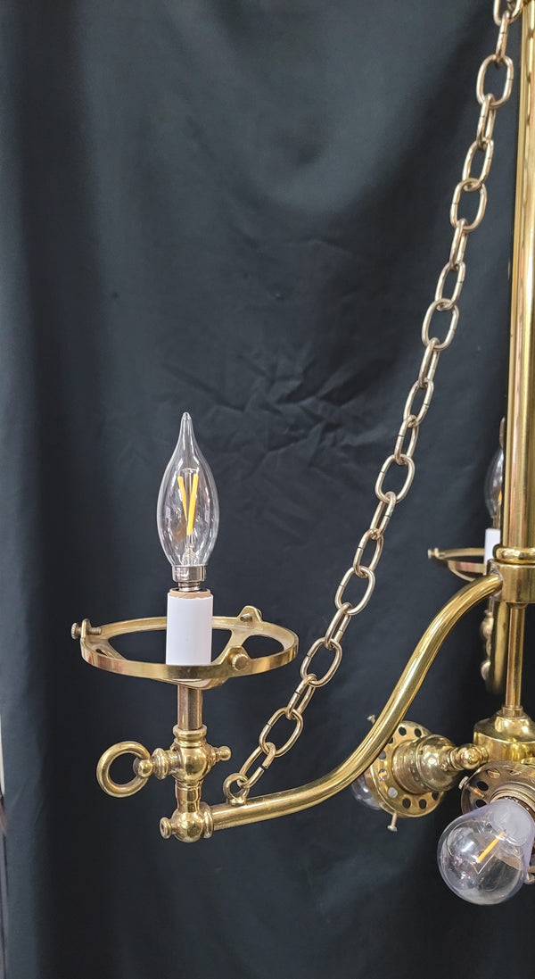 Restored Gas Converted 6 Light Brass Chandelier w/ Shades 31" T x 21" GS00948