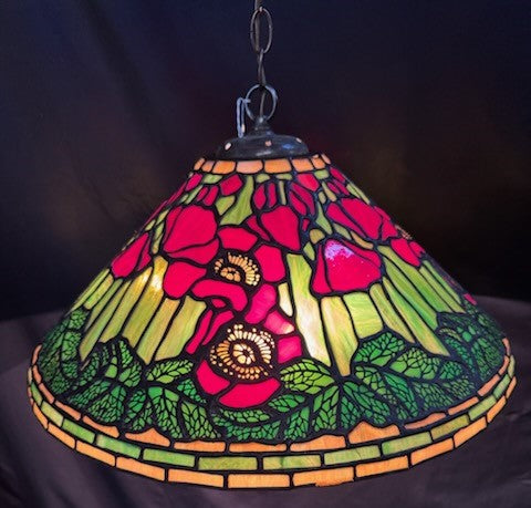 Vintage Tiffany Style Red Poppy Leaded Glass Chandelier 20" x 10" GS00685