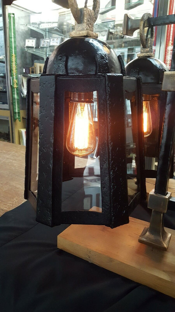 Restored Cast Iron Lantern Sconces w/ Wavy Glass 17 1/2" x 10 1/2" GA704