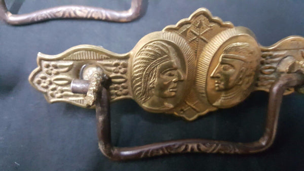 Architectural Salvage Brass Double Indian Head Design Drawer Pulls Set of 6