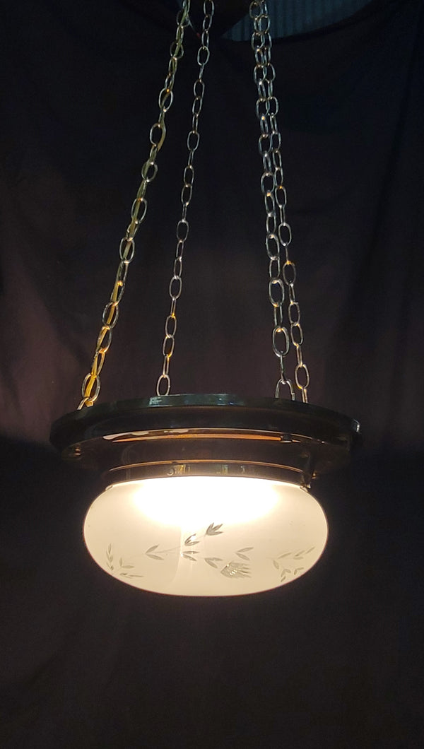 Restored Victorian Brass Pan Chandelier w/ Etched Glass Shade 16" x 45" GS00981