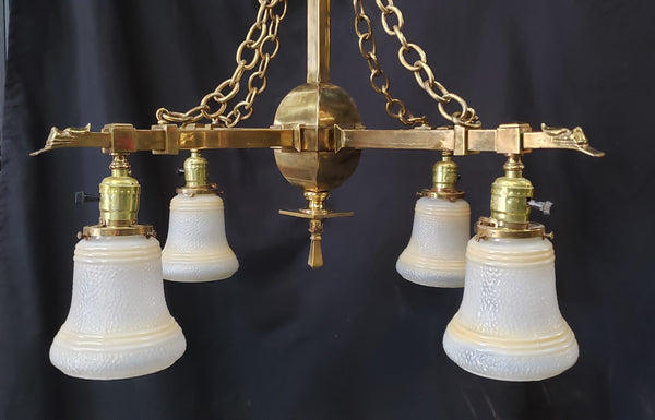 1900's 4 Light Brass Chandelier w/ Brass Chain Accents & Shades 24"x 44" GS00976