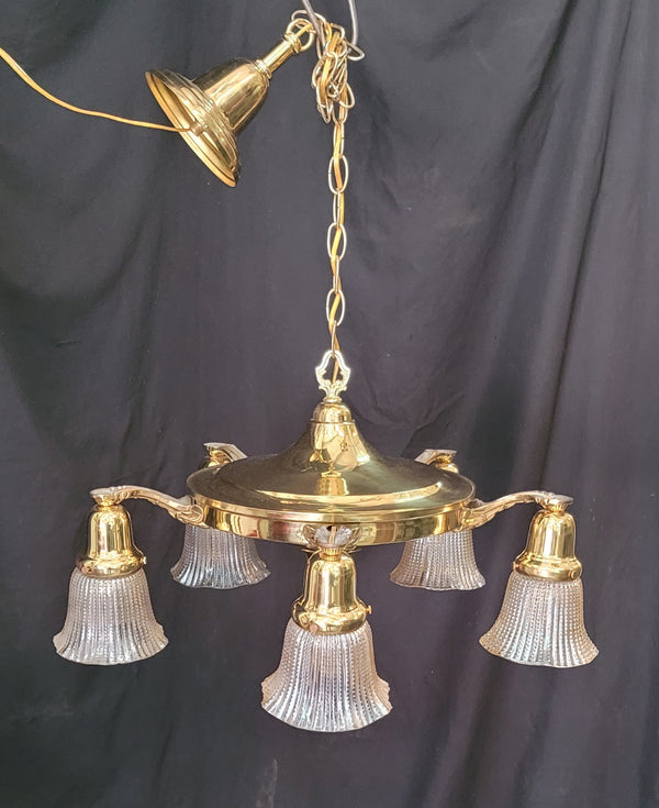 Restored 5 Light Brass Pan Chandelier 20" x 10" w/ Chain & Ceiling Cap GS00973