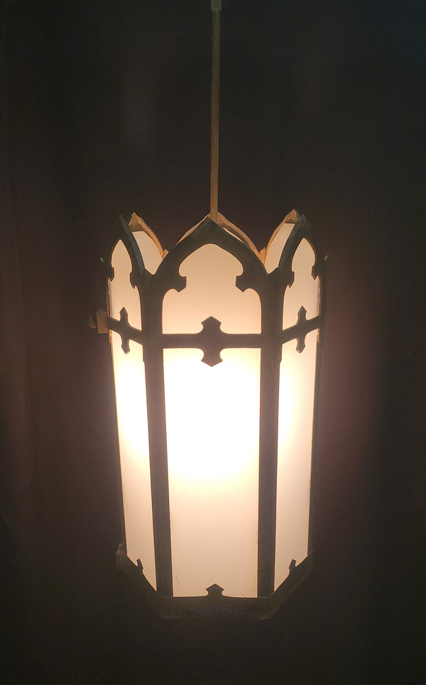 Gothic Brass Pendant Light w/ White Opaque Glass Panels 34" x 12" GS00953