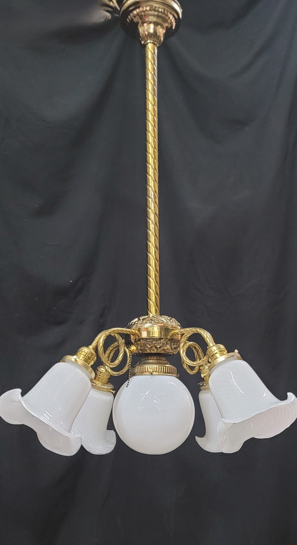 5 Light Ornate Brass Chandelier w/ White Striped Shades 25" x 36" GS00983