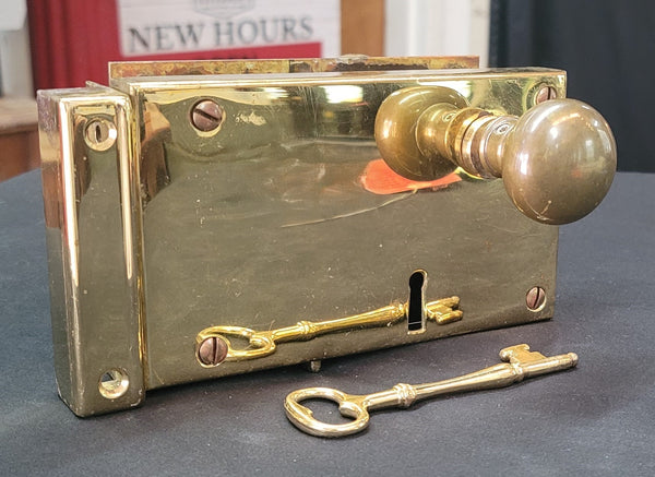 Left Side Brass Rim Lock Set w/ Keeper Key Deadbolt & More 6 3/4" x 4"GS00683