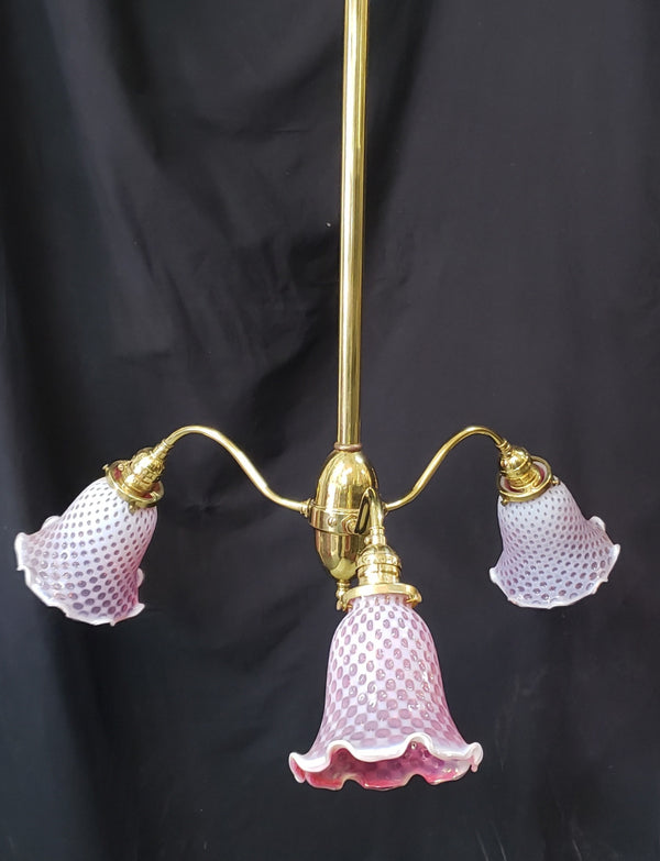 1900's Victorian 3 Light Chandelier w/ Fenton Coin Dot Shades 26"x 47" GS00977