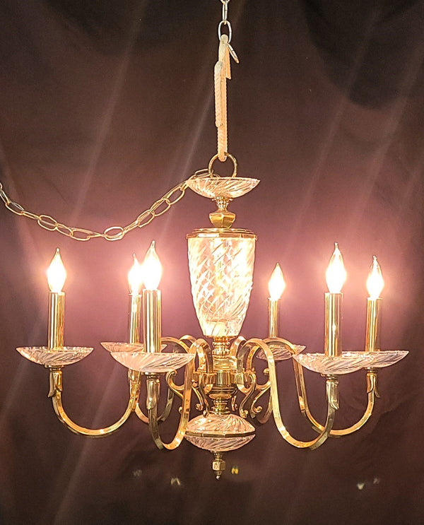 6 Light Brass Chandelier w/ Swirl Glass 21" T x 26" W GS00968