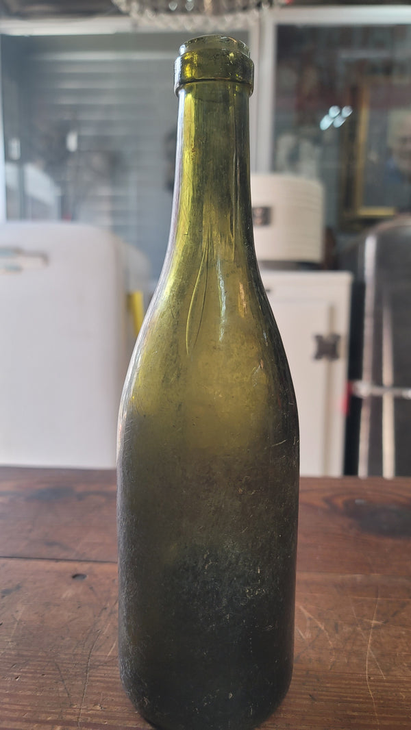 1840's Hand Blown Green Champagne Wine Bottle 10" x 2 3/4" GS00634