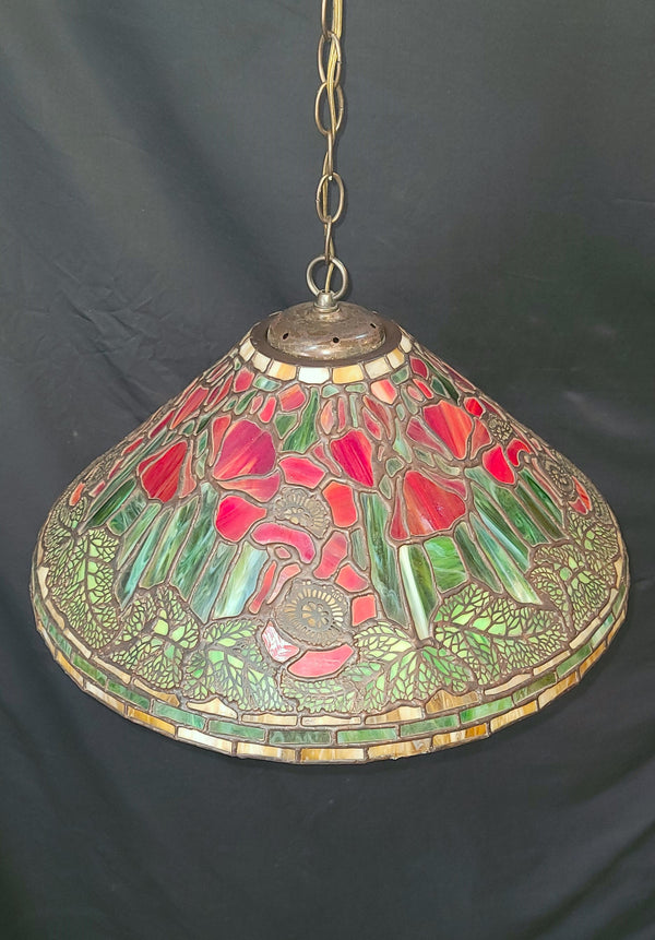 Vintage Tiffany Style Red Poppy Leaded Glass Chandelier 20" x 10" GS00685