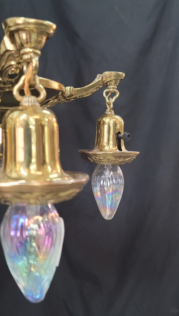 Restored 5 Light Brass Pan Chandelier w/ On/off Knobs 18" x 12" GS00969