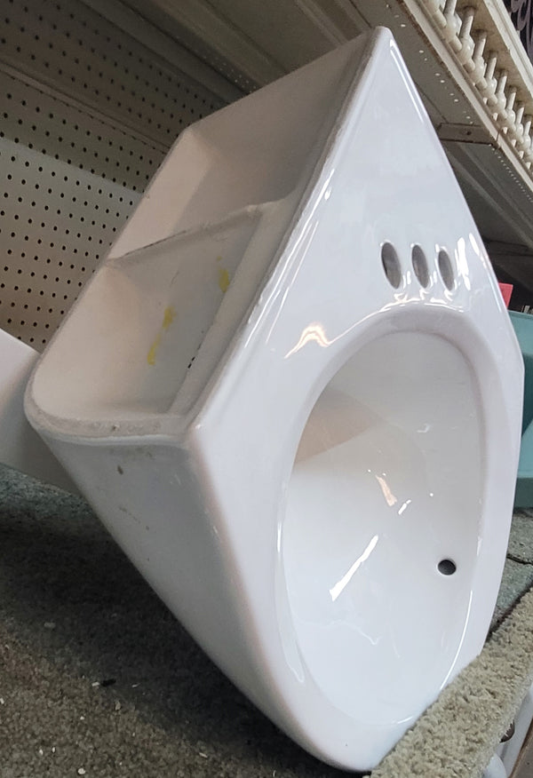 Small White Corner Porcelain Sink with 3 Hole Spread 22 1/4" x 22" GS00606