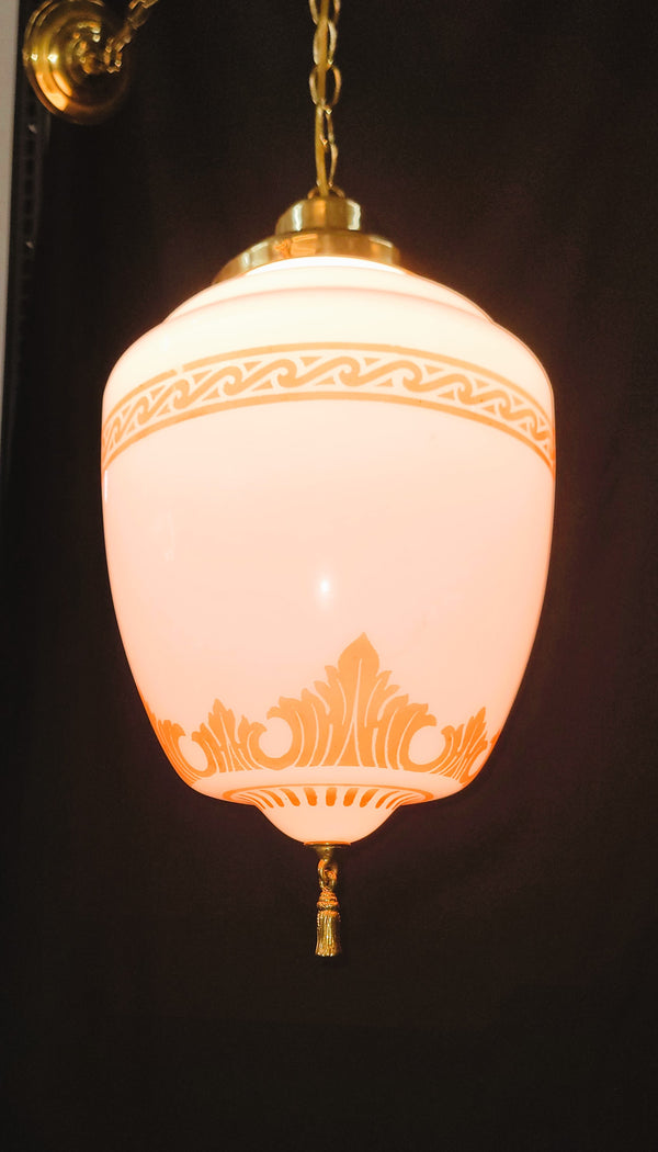 Restored Victorian Brass Pendant Light w/ Ornate Shade GS01030
