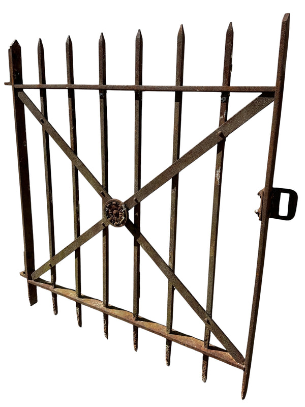 Antique Wrought Iron Garden Gate w/ Floral Medallion - 30" W x 34.5" T - GA20992