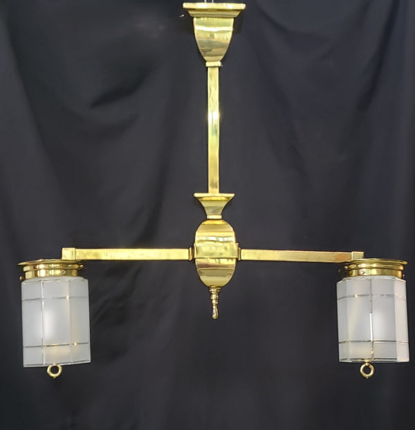 Restored Gas Converted 2 Light Brass Chandelier w/ Shades 26" x 28 1/2" GS00967