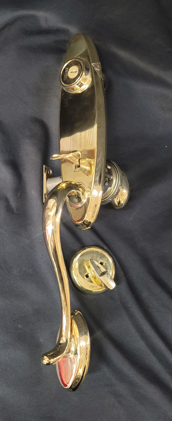 Brass Curved Handle Thumb Latch Hardware Set w/Deadbolt Knob & More GS00885