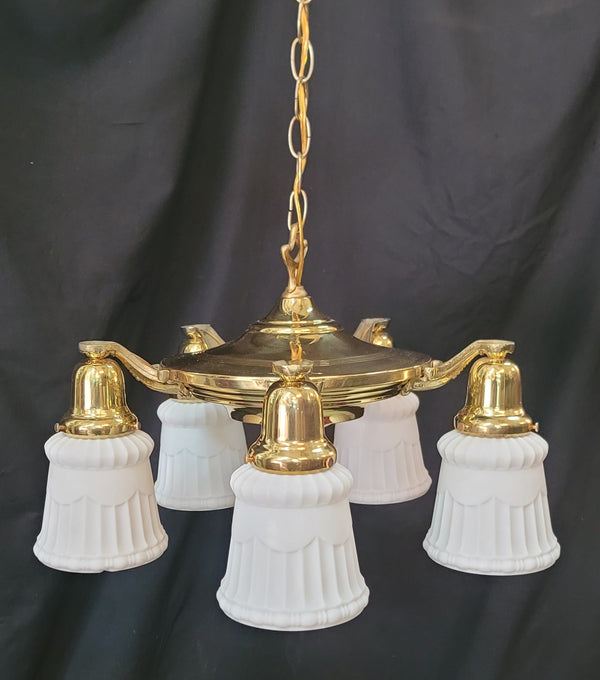 Restored 5 Light Brass Victorian Pan Chandelier w/ Textured White Shades GS01021