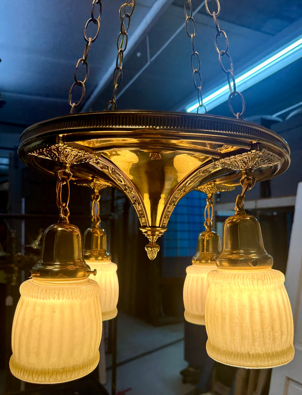 Restored Antique Brass Pan 4-Arm Triple Chain Chandelier GA21008