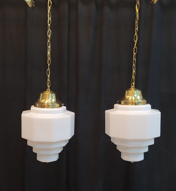Restored Pair of Art Deco Glass Pendant Light Fixtures w/ Chain & Cap GS01008
