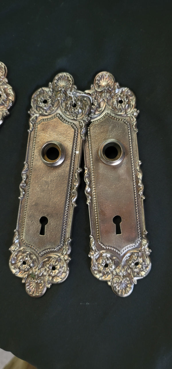 Restored Art Nouveau Door Knob Back Plates - 2 Pair 8 3/4" x 2 1/2" GS00581