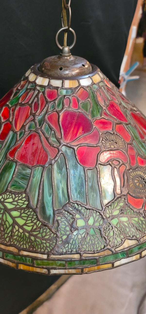 Vintage Tiffany Style Red Poppy Leaded Glass Chandelier 20" x 10" GS00685
