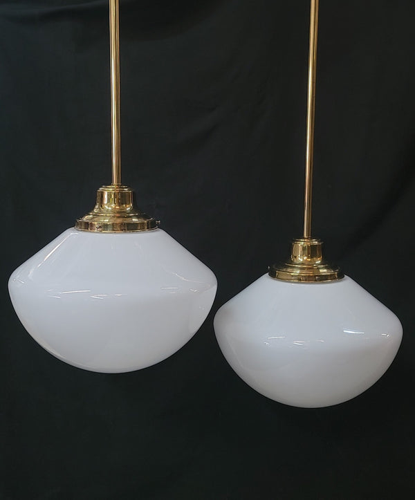 Restored Pair of Brass Pendant Lights w/ White Globes 49" T x 16" W GS01002