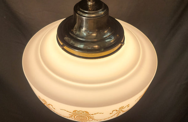 Vintage White Schoolhouse Pendant Light w/Brass Bell Shaped Fitter GS00645