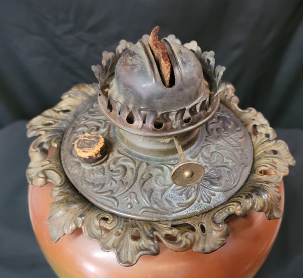Vintage Ornate Floral Oil Lamp w/ Brass Canopy & Chimney GS00620