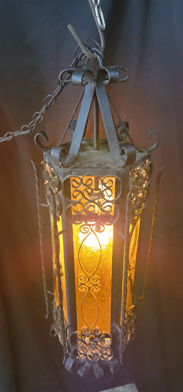 Victorian Gothic Wrought Iron Pendant Light w/ Textured Amber Glass 31"T GS00925